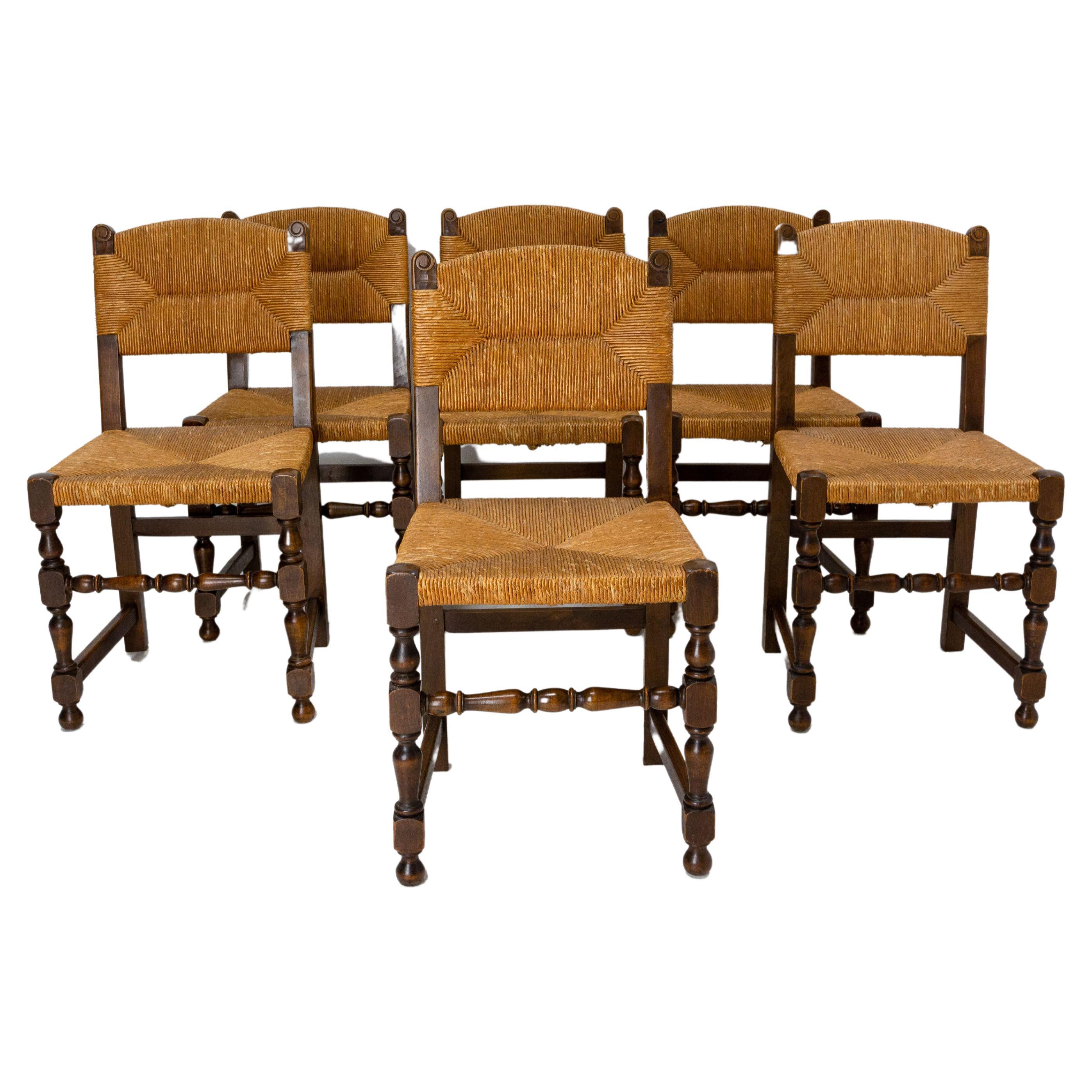 Six French Dining Chairs Beech Chairs Rush Seats Country Style, 1940