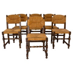 Six French Dining Chairs Beech Chairs Rush Seats Country Style, 1940