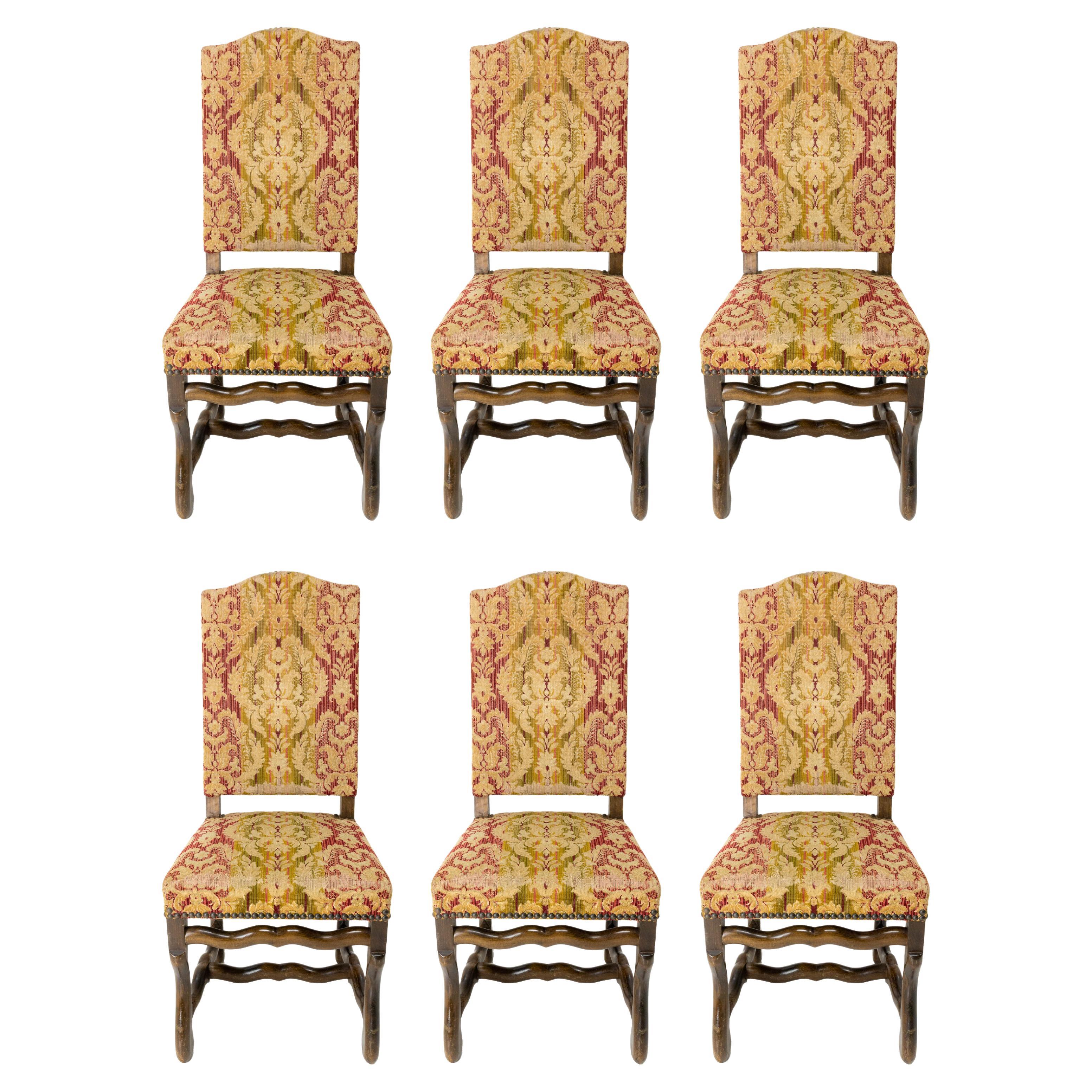 Six French Dining Chairs Beech Os de Mouton Louis XIII Style, circa 1960 For Sale
