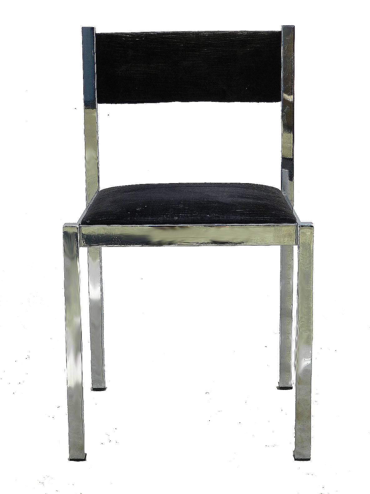 Six midcentury dining chairs from France
Square chrome frame with seat and back upholstered in textured very dark grey velvet 
In the manner of Milo Baughman. 
Chrome frames in very good condition 
The fabric is clean faded through time with signs
