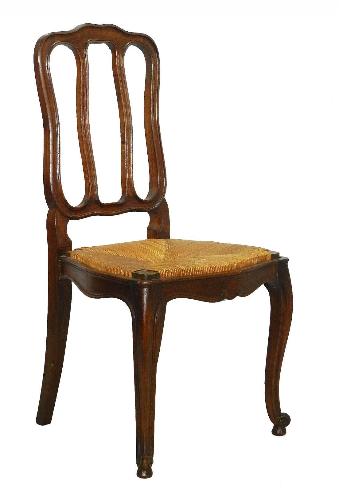 Louis XV Six French Dining Chairs Oak Chairs Rush Seats, Early 20th Century For Sale