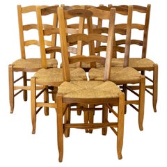 Six French Dining Chairs Oak Chairs Rush Seats Provincial Style, circa 1970