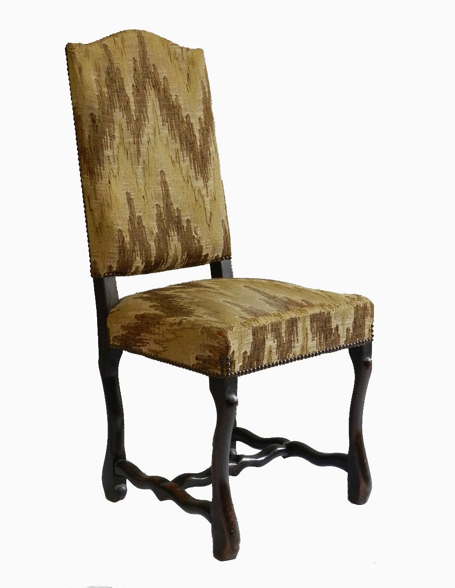 Set of Six Dining Chairs French Os de Mouton (sheep bone) c1920
Walnut
Extremely comfortable
Shown in the photos are color simulations (the brown covers are the present covers) and a set of similar os de mouton chairs that are sold to help inspire