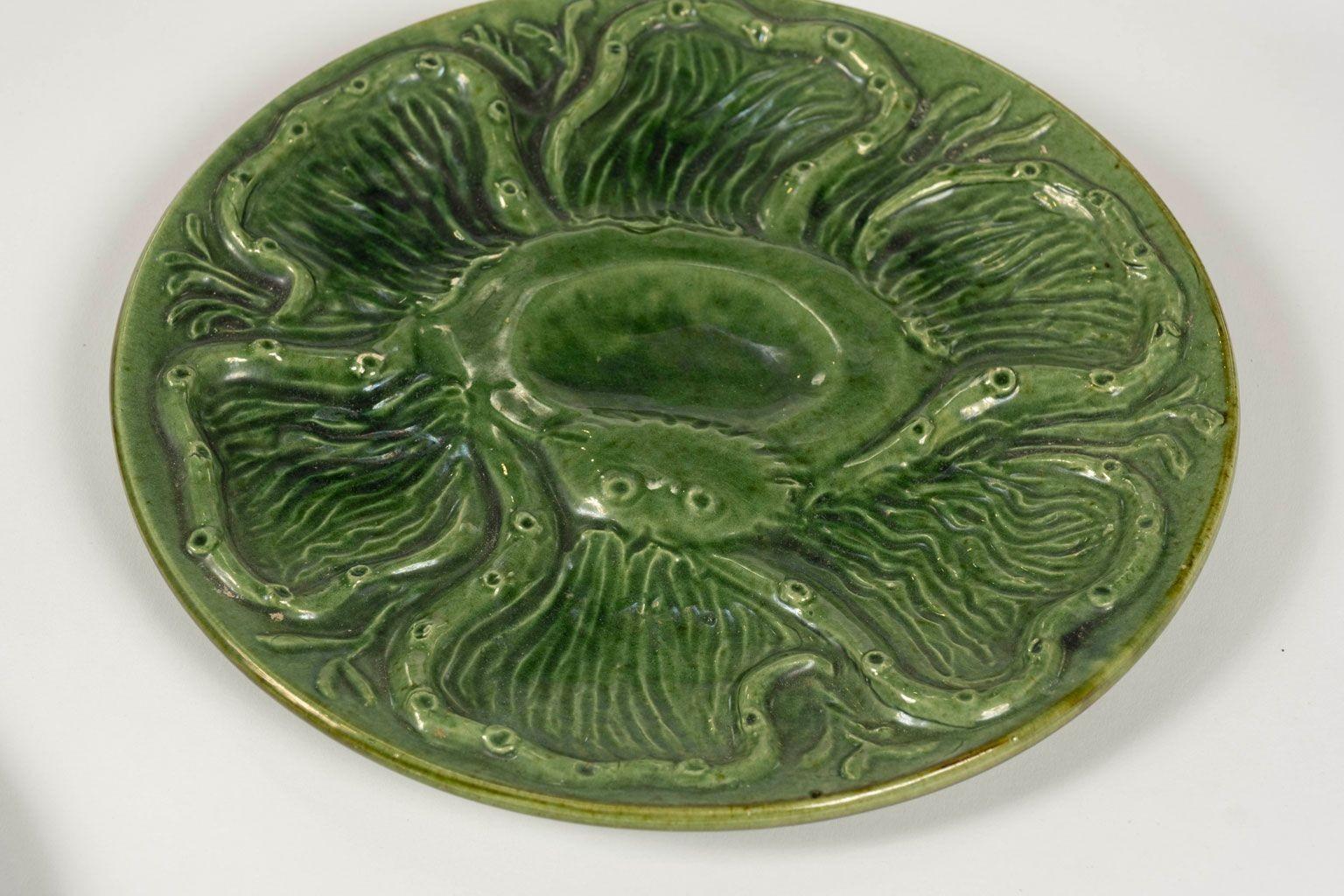 Glazed Six French Green Majolica Oyster Plates in Octopus Pattern