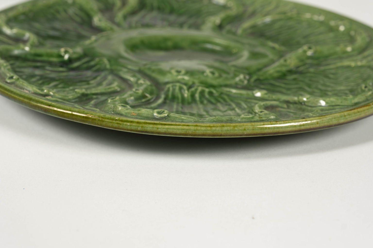 Mid-20th Century Six French Green Majolica Oyster Plates in Octopus Pattern
