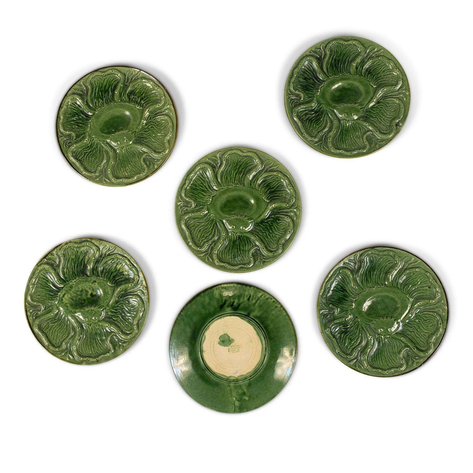 Ceramic Six French Green Majolica Oyster Plates in Octopus Pattern