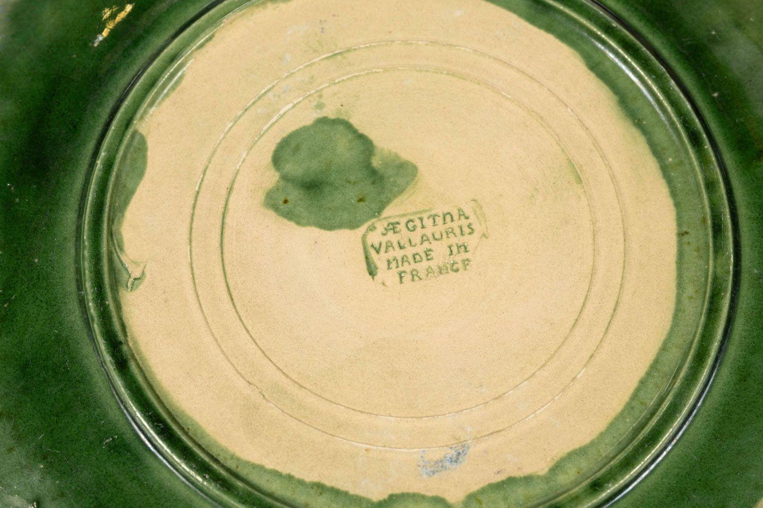 Six French Green Majolica Oyster Plates in Octopus Pattern 1