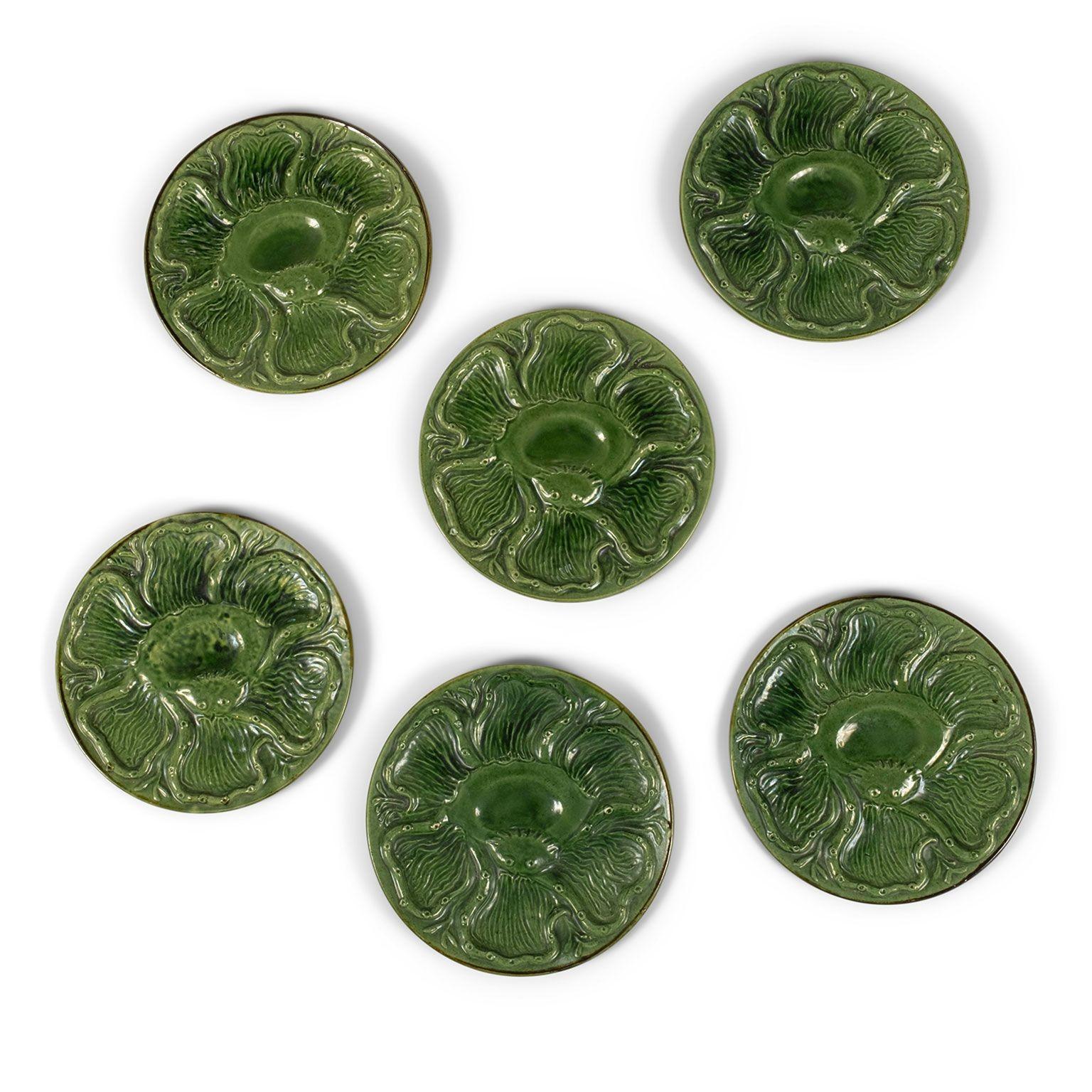 Six French Green Majolica Oyster Plates in Octopus Pattern 2