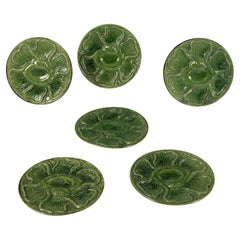 Six French Green Majolica Oyster Plates in Octopus Pattern