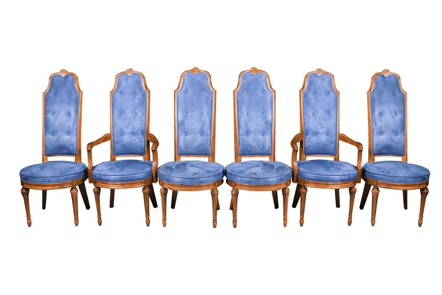 Metà XX secolo Sei sedie da pranzo francesi Luigi XVI con schienale alto in velluto blu e noce in vendita