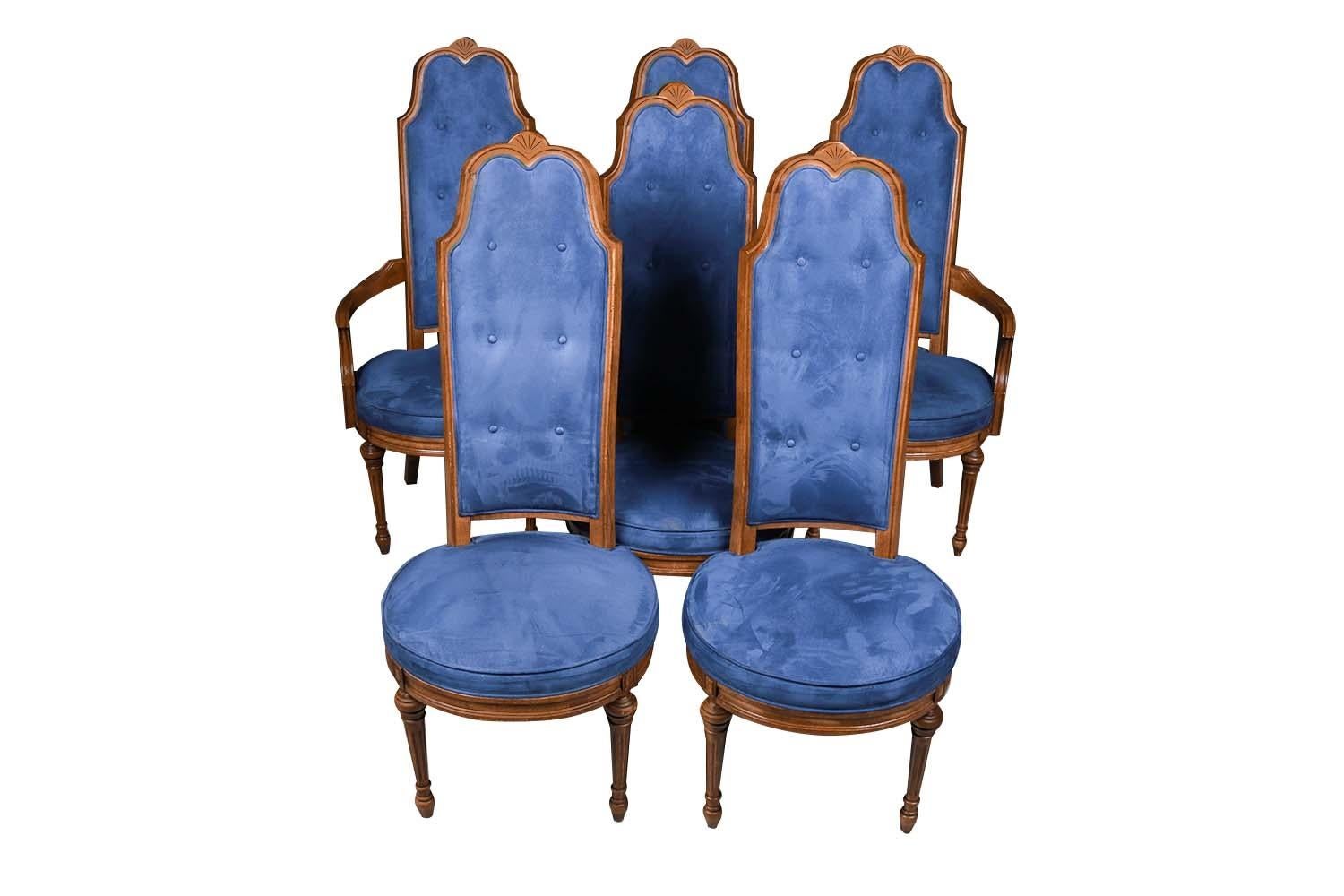 Velluto Sei sedie da pranzo francesi Luigi XVI con schienale alto in velluto blu e noce in vendita