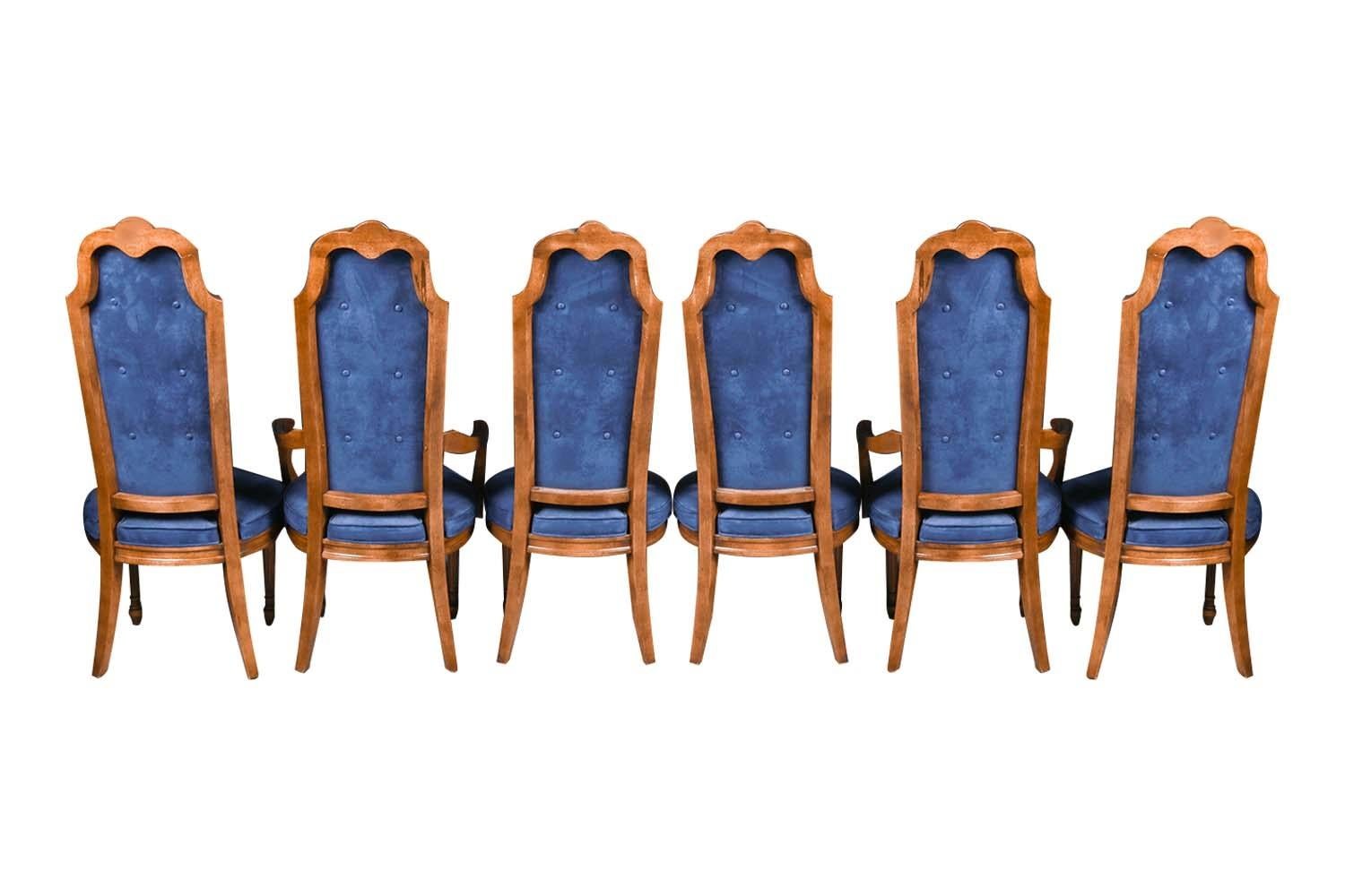 Sei sedie da pranzo francesi Luigi XVI con schienale alto in velluto blu e noce in vendita 1