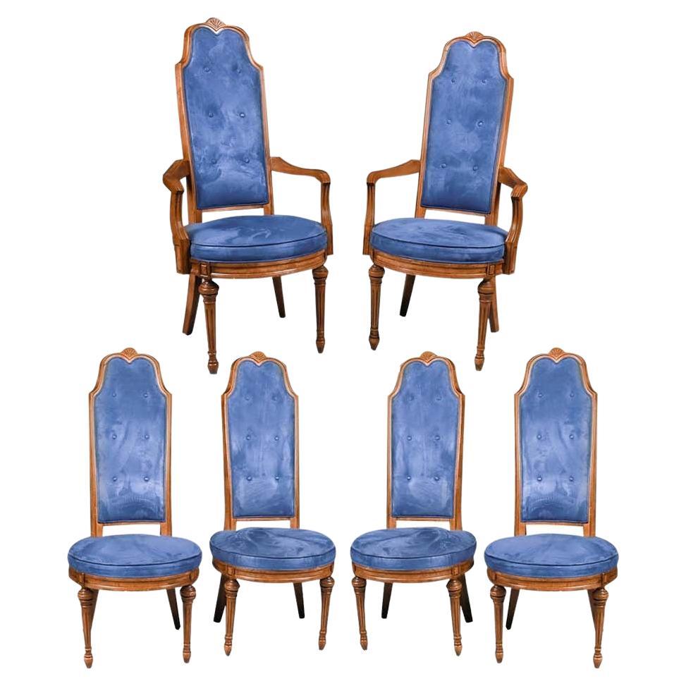 French Louis XVI High Back Blue Velvet Walnut Dining Chairs six