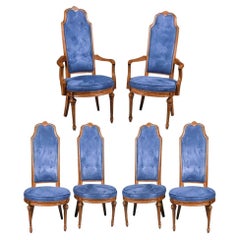 Vintage French Louis XVI High Back Blue Velvet Walnut Dining Chairs six