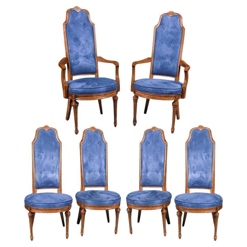 Six French Louis XVI High Back Blue Velvet Walnut Dining Chairs