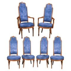 Six French Louis XVI High Back Blue Velvet Walnut Dining Chairs