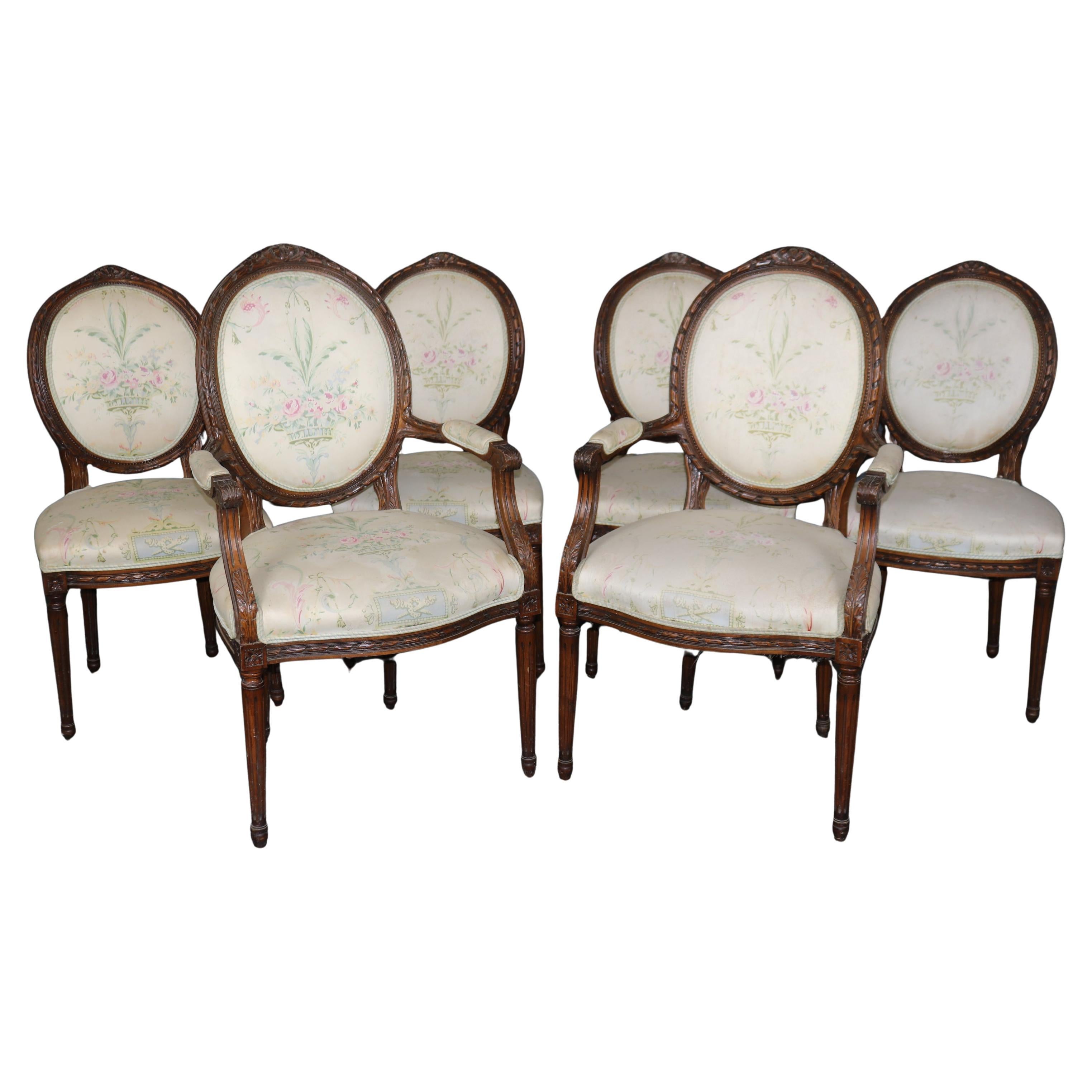 Six French Louis XVI Style Carved Walnut Dining Chairs Circa 1940s