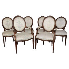 Six French Louis XVI Style Carved Walnut Dining Chairs Circa 1940s