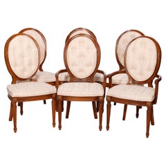 Six French Louis XVI Style Walnut & Pressed Cane Upholstered Dining Chairs 20thC