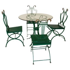 Vintage Six French Lyre Back Iron Chairs with Brass Swan Heads and Feet and Table