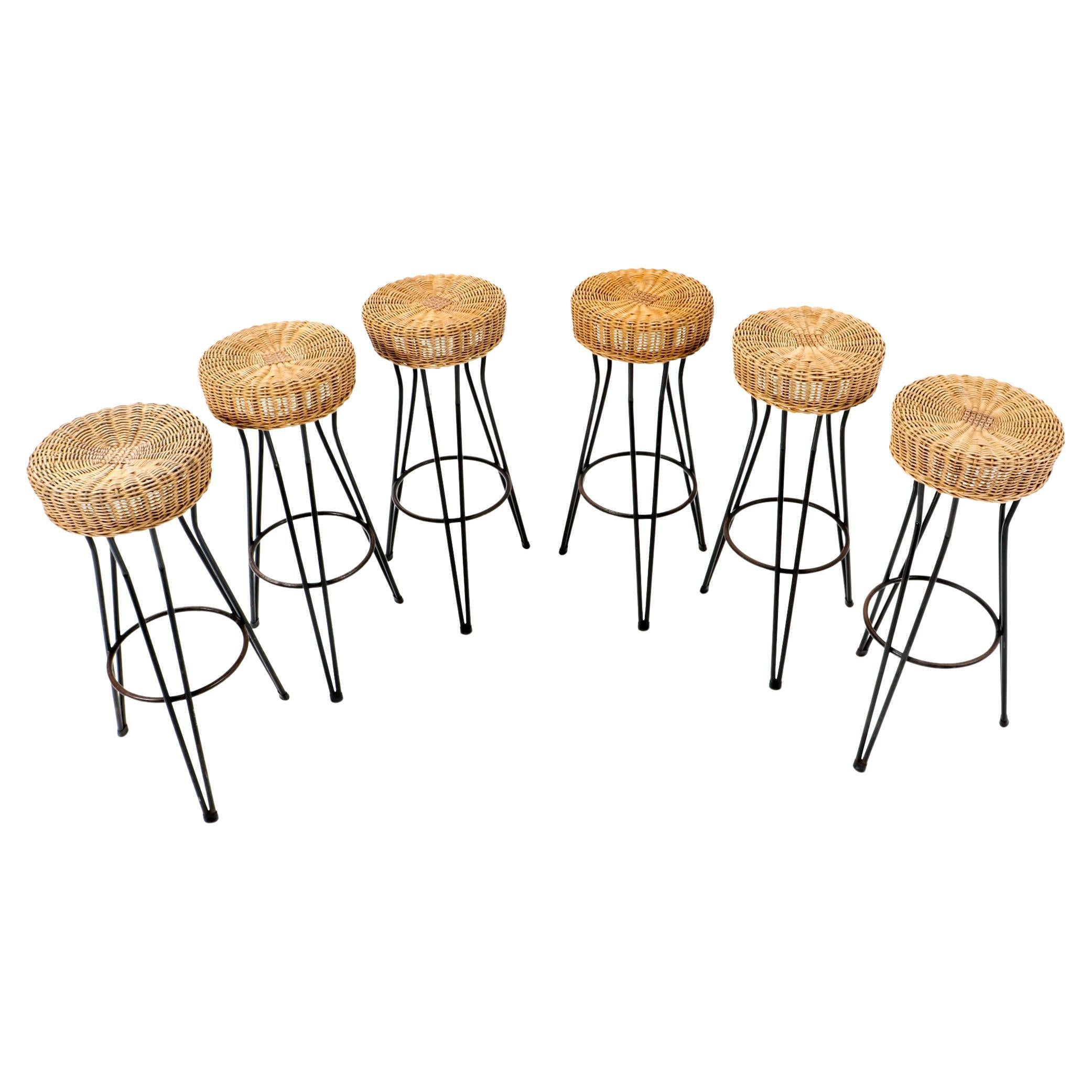 MidCentury Chrome and Rattan Bar Stools at 1stDibs