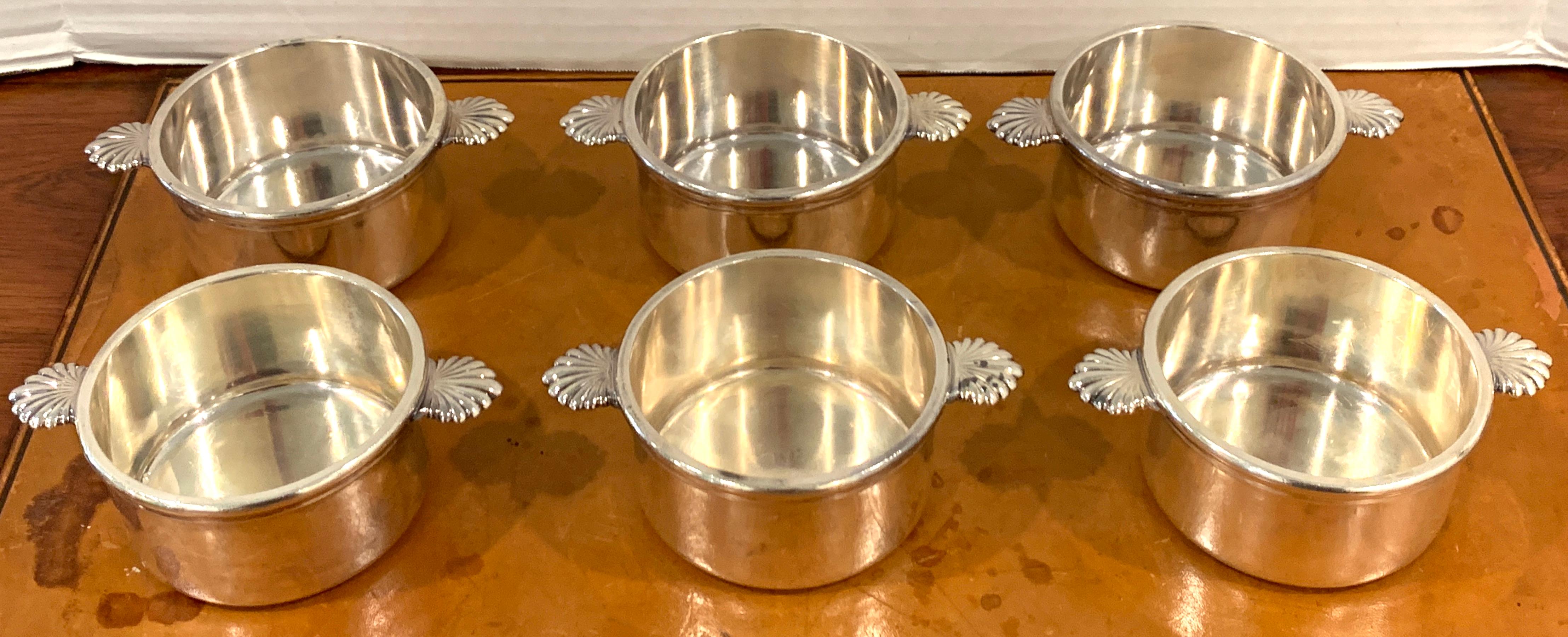 Six French silverplated handled open tureens/ Pot de Crème by Europe Felix
Each one of exceptional weight and craftsmanship, resembles Christfole. Each one fitted with twin shell handles, with an opening of 3.5
