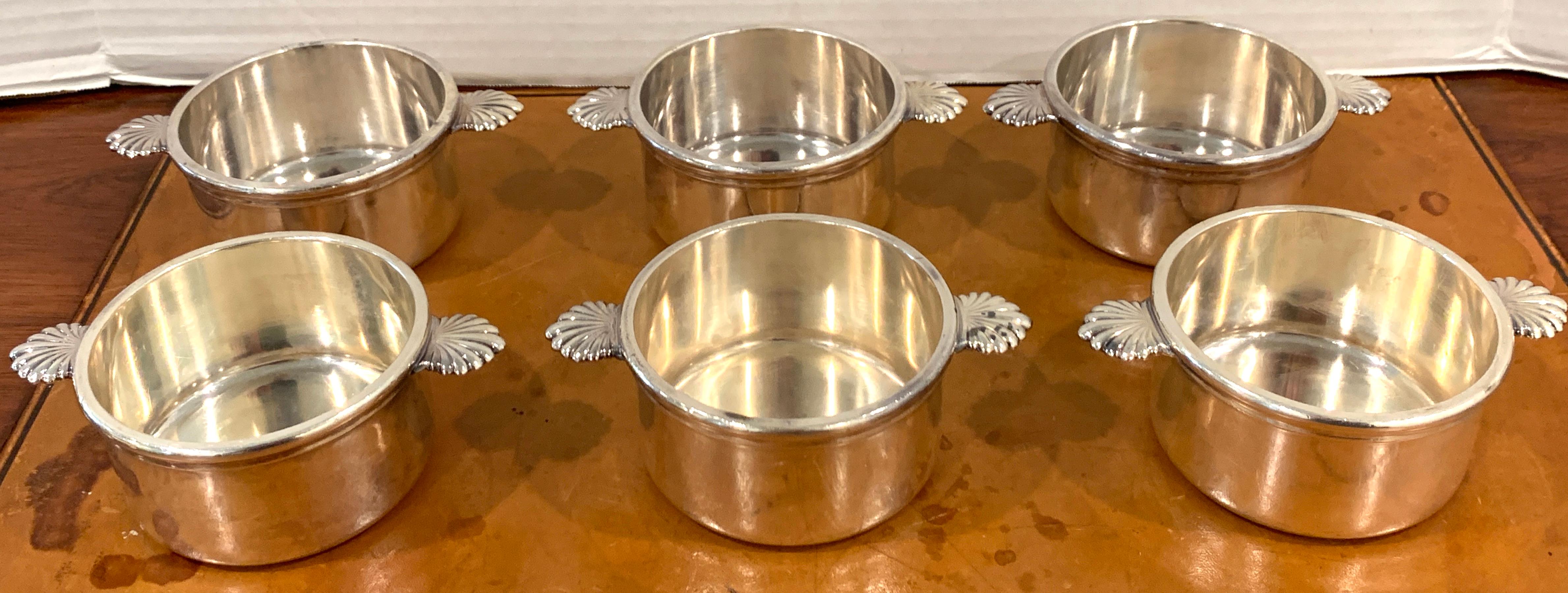 Neoclassical Six French Silverplated Handled Open Tureens/ Pot de Crème by Europe Felix