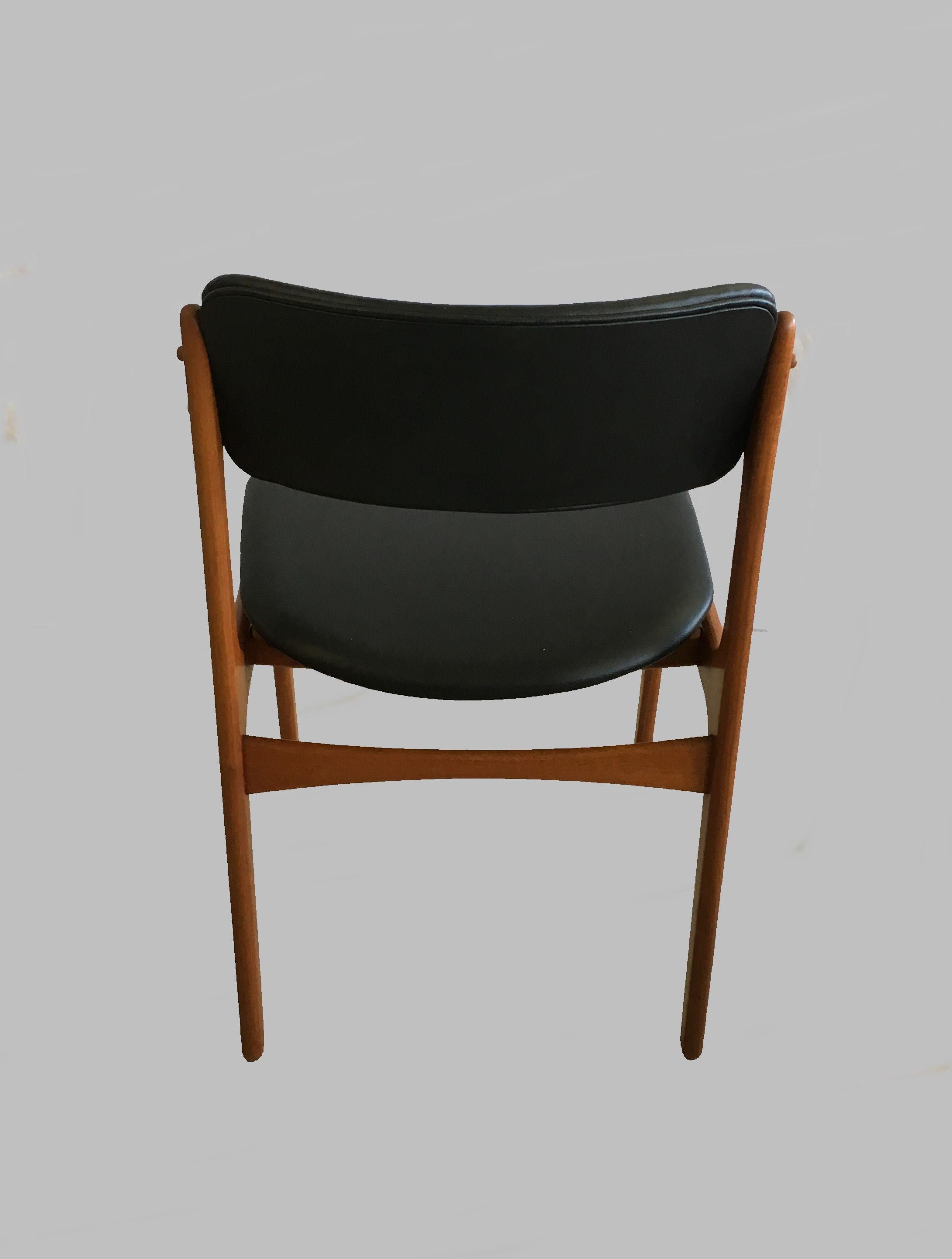 Scandinavian Modern Six Fully Restored Erik Buch Teak Dining Chairs, Reupholstered in Black Leather