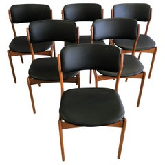 Six Fully Restored Erik Buch Teak Dining Chairs, Reupholstered in Black Leather
