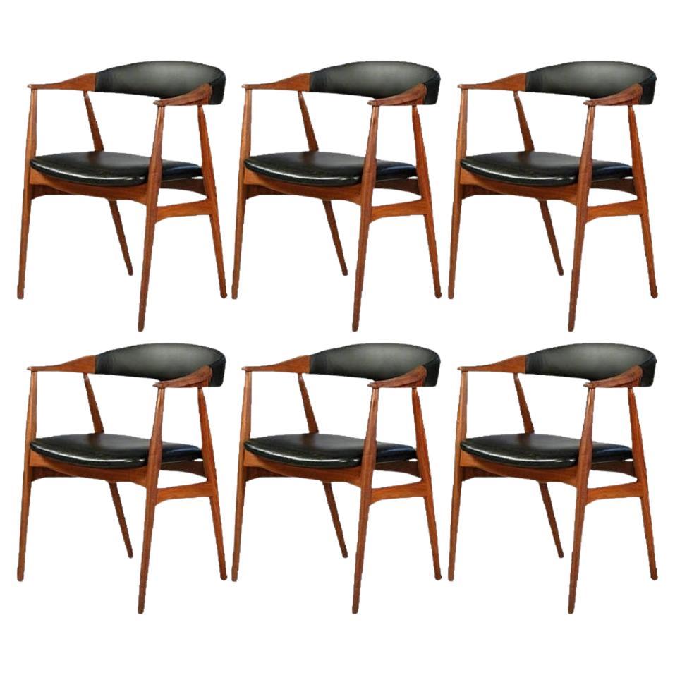 Six Fully Restored Th. Harlev Teak Armchairs Reupholstered in Black Leather