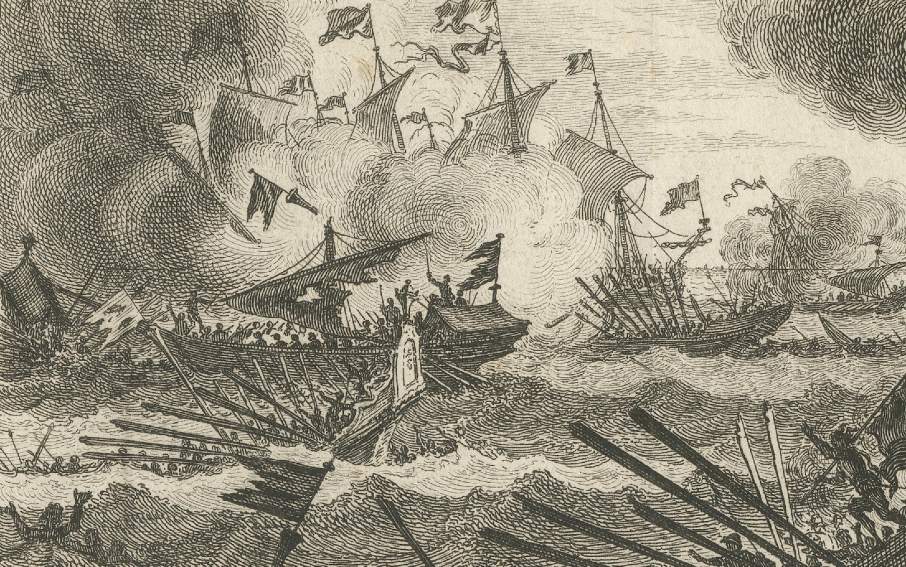 Sei galee affondate dalla flotta olandese nel 1602: una drammatica vittoria navale di Simon Fokke  

Questa potente incisione del XVIII secolo di Simon Fokke (1712-1780) immortala la drammatica battaglia navale in cui sei galee furono affondate