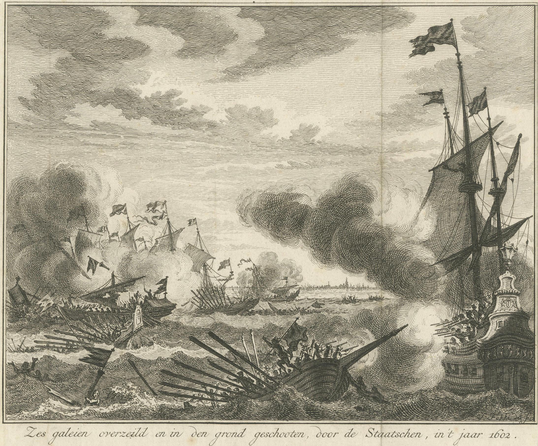 Metà XVIII secolo Sei galee affondate dalla flotta olandese nel 1602: una drammatica vittoria navale, 1750 ca. in vendita