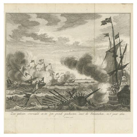 Six Galleys Sunk by the Dutch Fleet in 1602: A Dramatic Naval Victory, ca. 1750