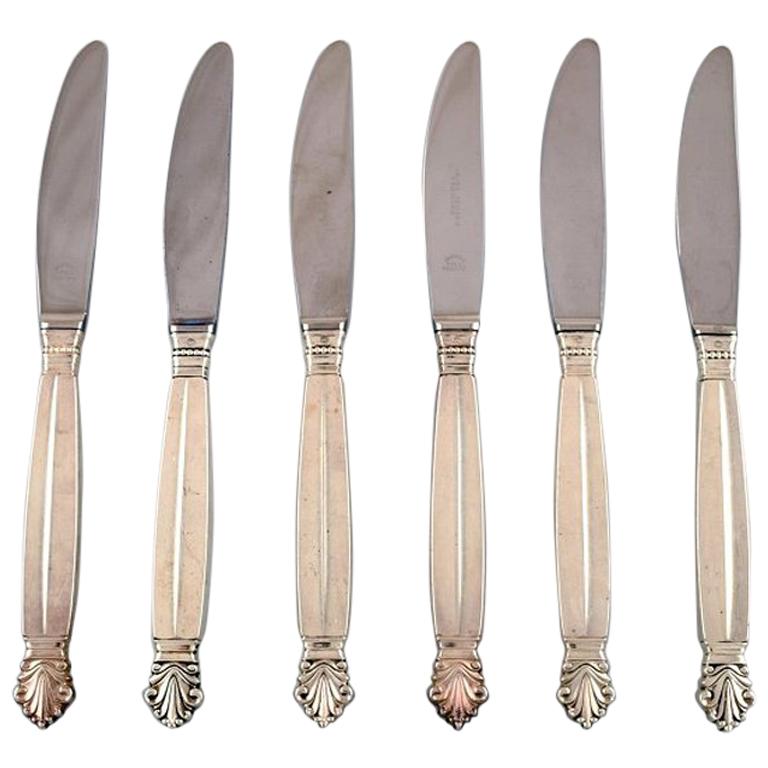 Six Georg Jensen Acanthus Sterling Silver, Six Dinner Knifes with Long Shaft