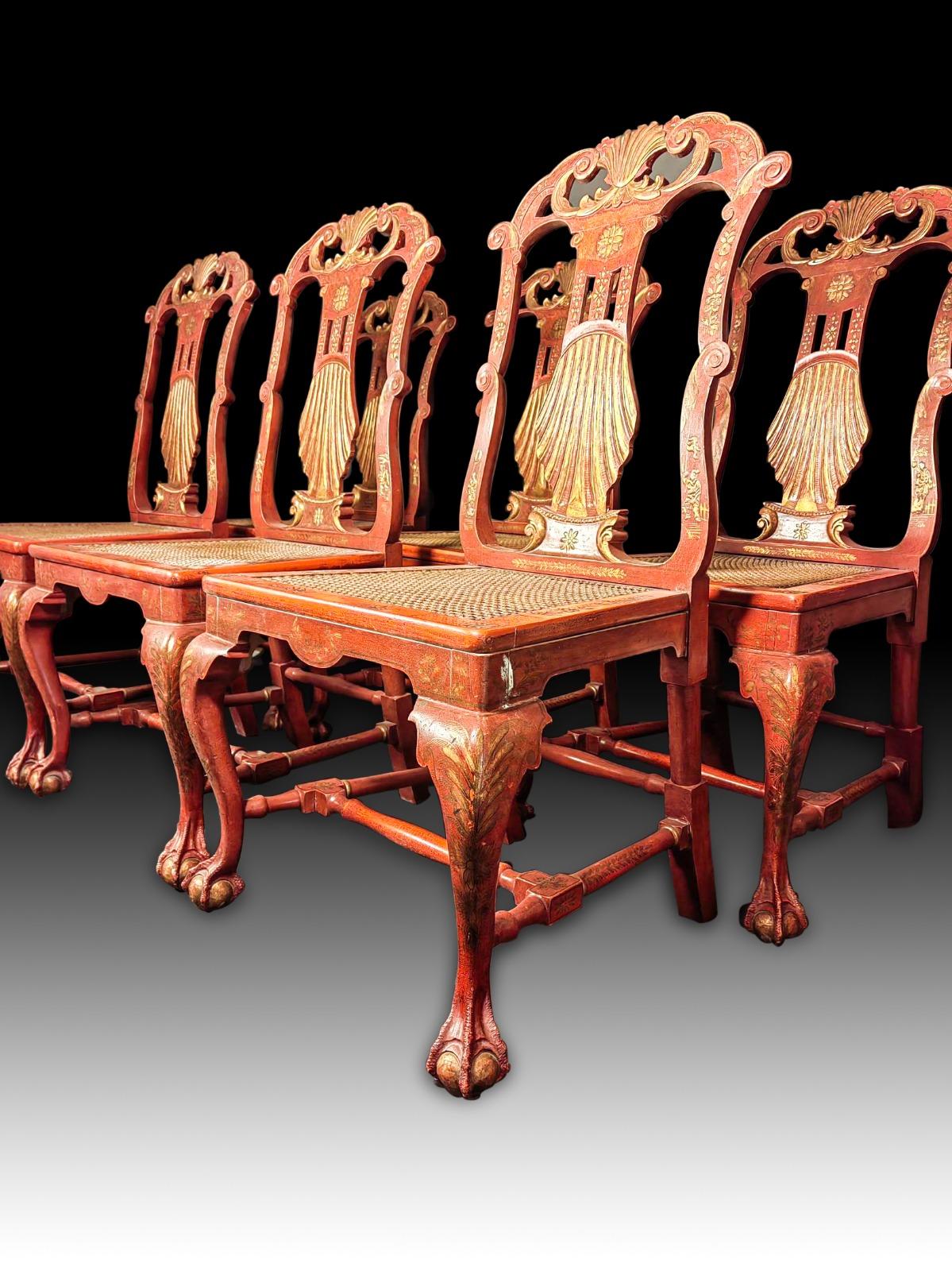 Six George II Style Chairs Red and Gold Japanese Side Chairs 19th Century In Good Condition For Sale In Madrid, ES
