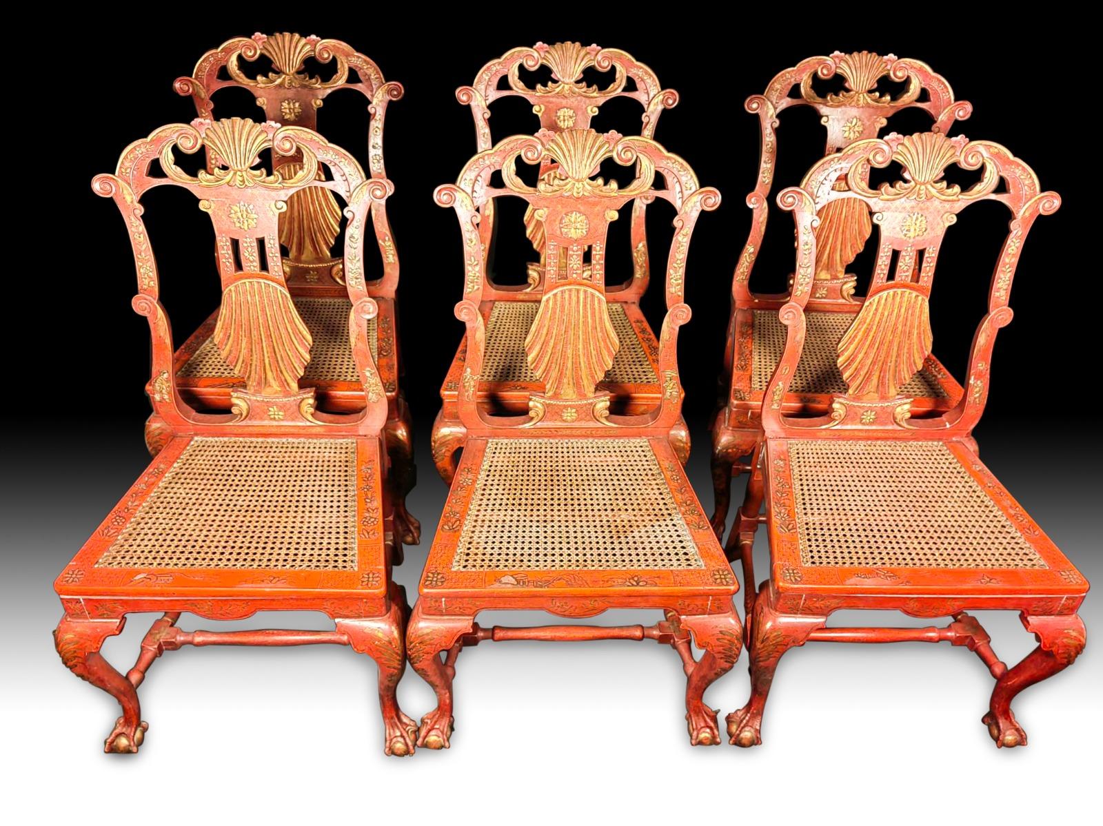 Bois Six chaises d'appoint japonaises rouges et dorées de style George II du 19ème siècle en vente