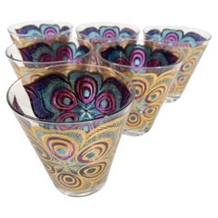 Six Georges Briard Double Old Fashioned Glasses, Hard to Find "Peacock" Pattern
