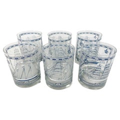 Six Georges Briard Nautical Themed Rocks Glasses with Different Sailing Ships
