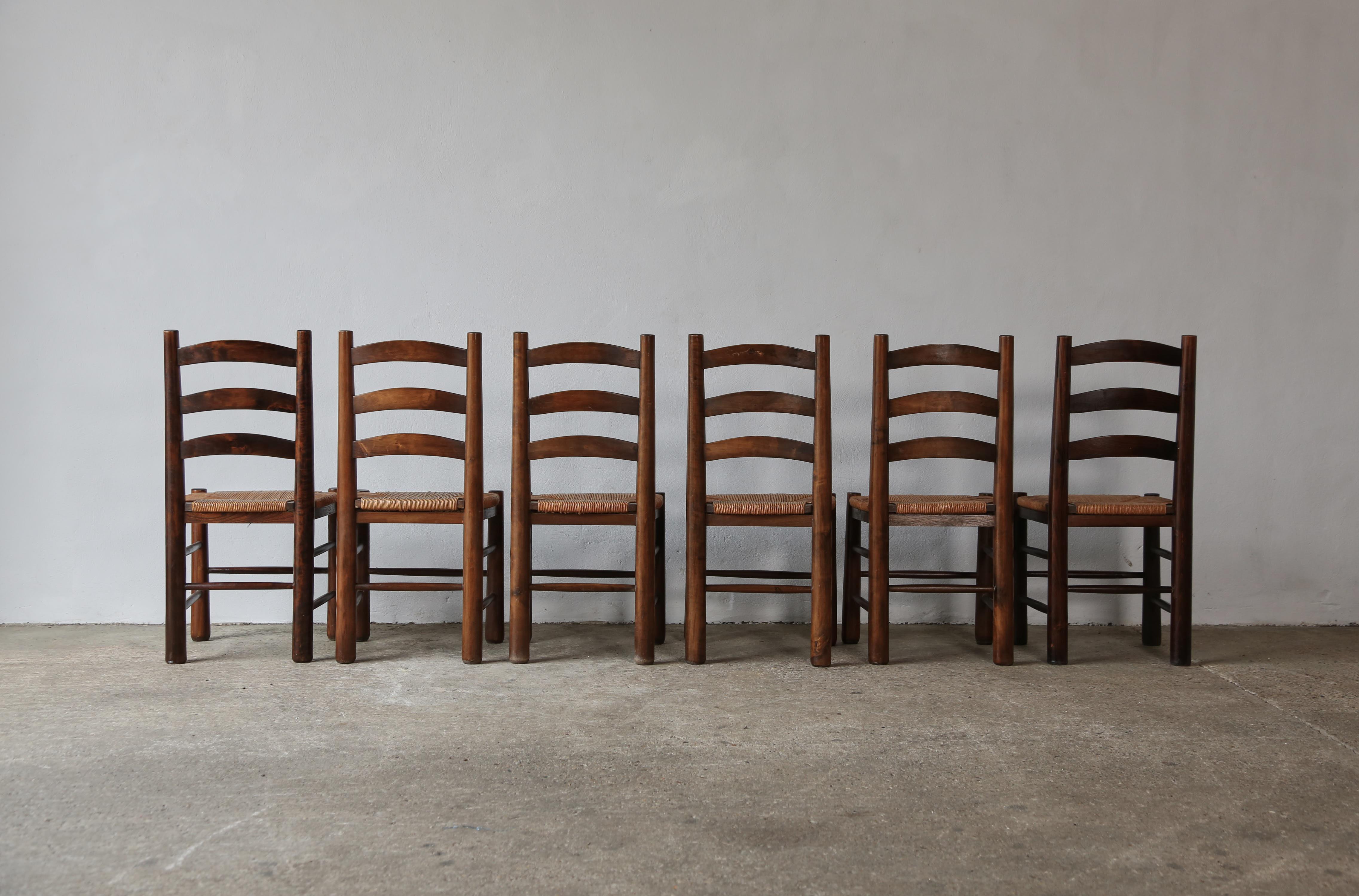 Jonc Six chaises de salle à manger Georges Robert, France, années 1960, style Charlotte Perriand en vente