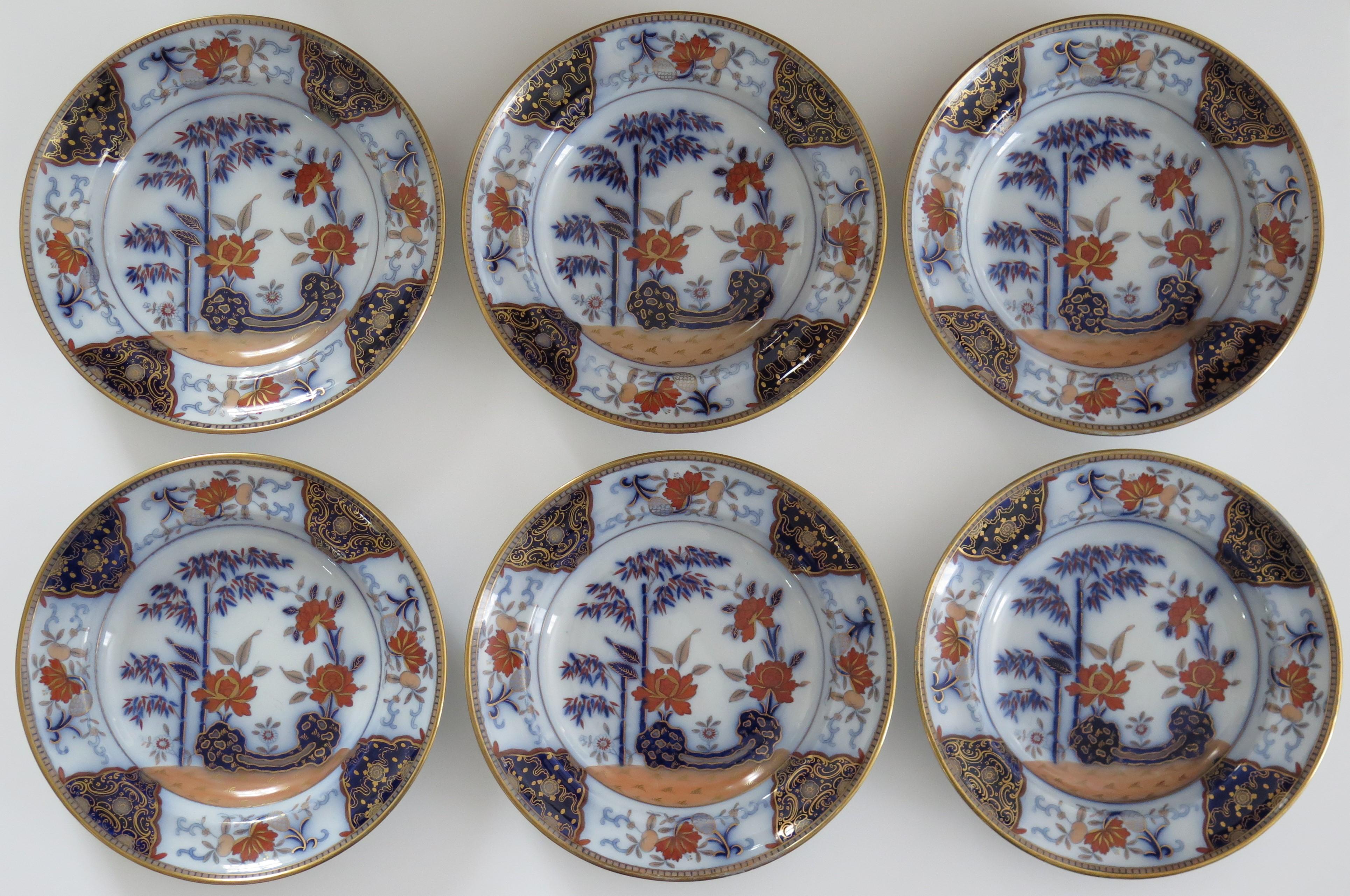 Hand-Painted SIX Georgian Davenport Ironstone Soup Bowls or Plates Bamboo Ptn 135, Circa 1815 For Sale