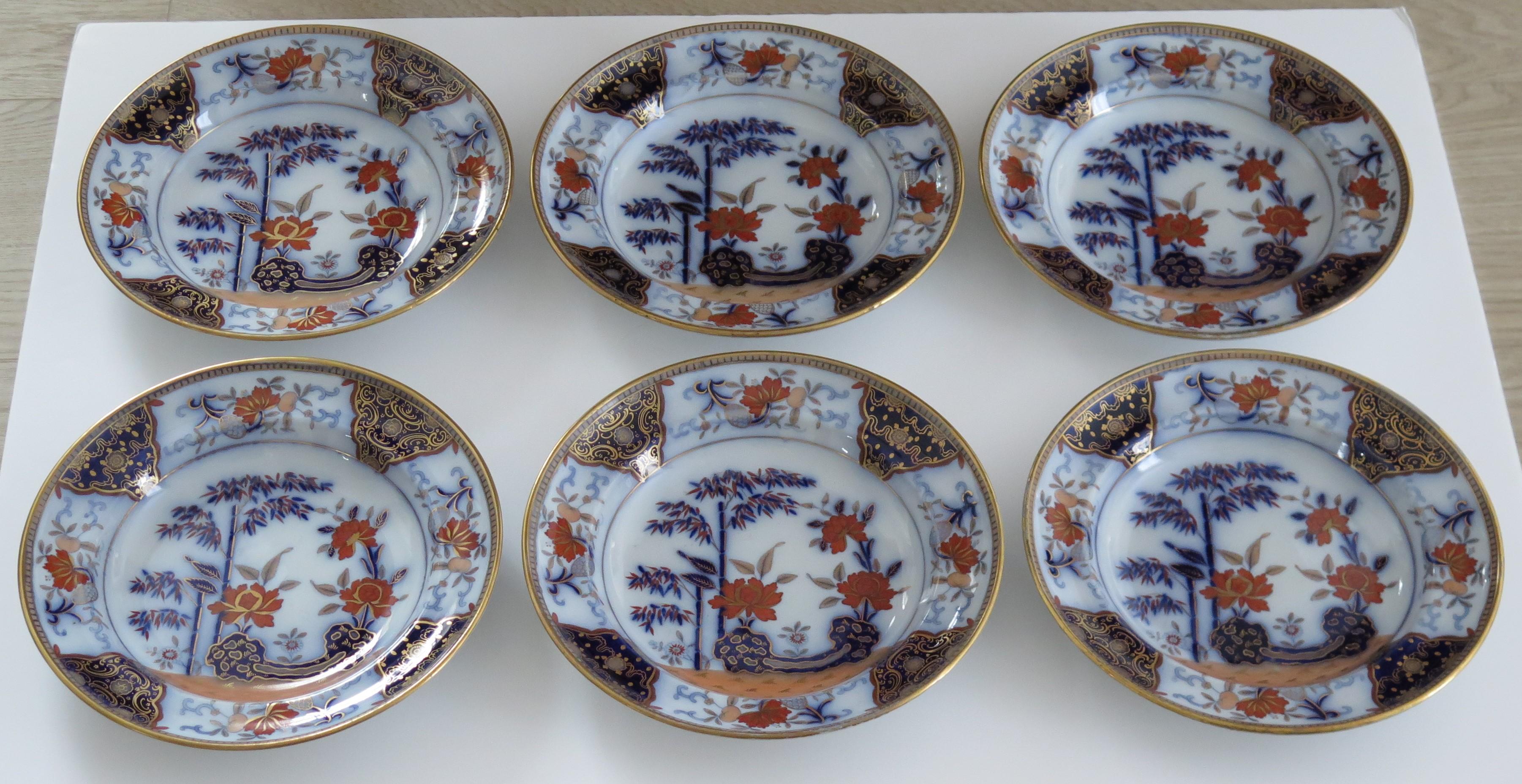 SIX Georgian Davenport Ironstone Soup Bowls or Plates Bamboo Ptn 135, Circa 1815 In Good Condition For Sale In Lincoln, Lincolnshire