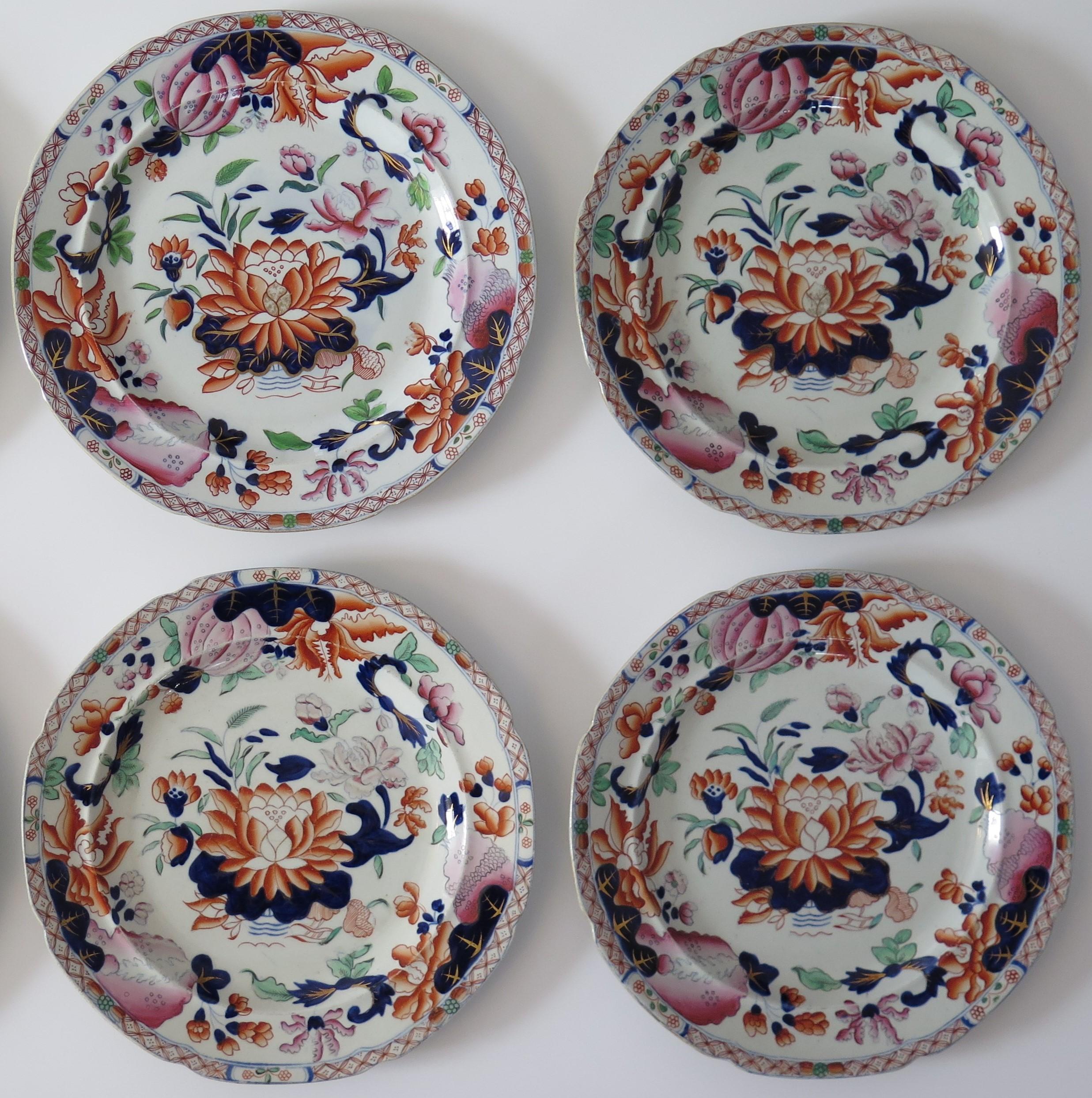 Hand-Painted SIX Georgian Hicks & Meigh Ironstone Dinner Plates Water Lily Ptn No.5, Ca 1815 For Sale