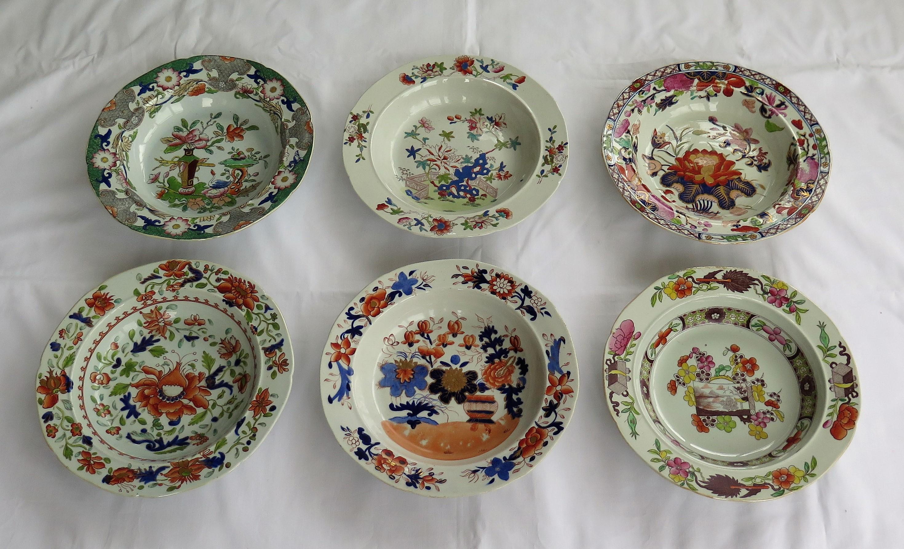 This is a harlequin set of six Mason's Ironstone soup plates or bowls, all dating to the earliest recorded George 3rd period between 1813 and 1820. 

These large soup plates compliment the large Mason's dinner plates we also have listed but the