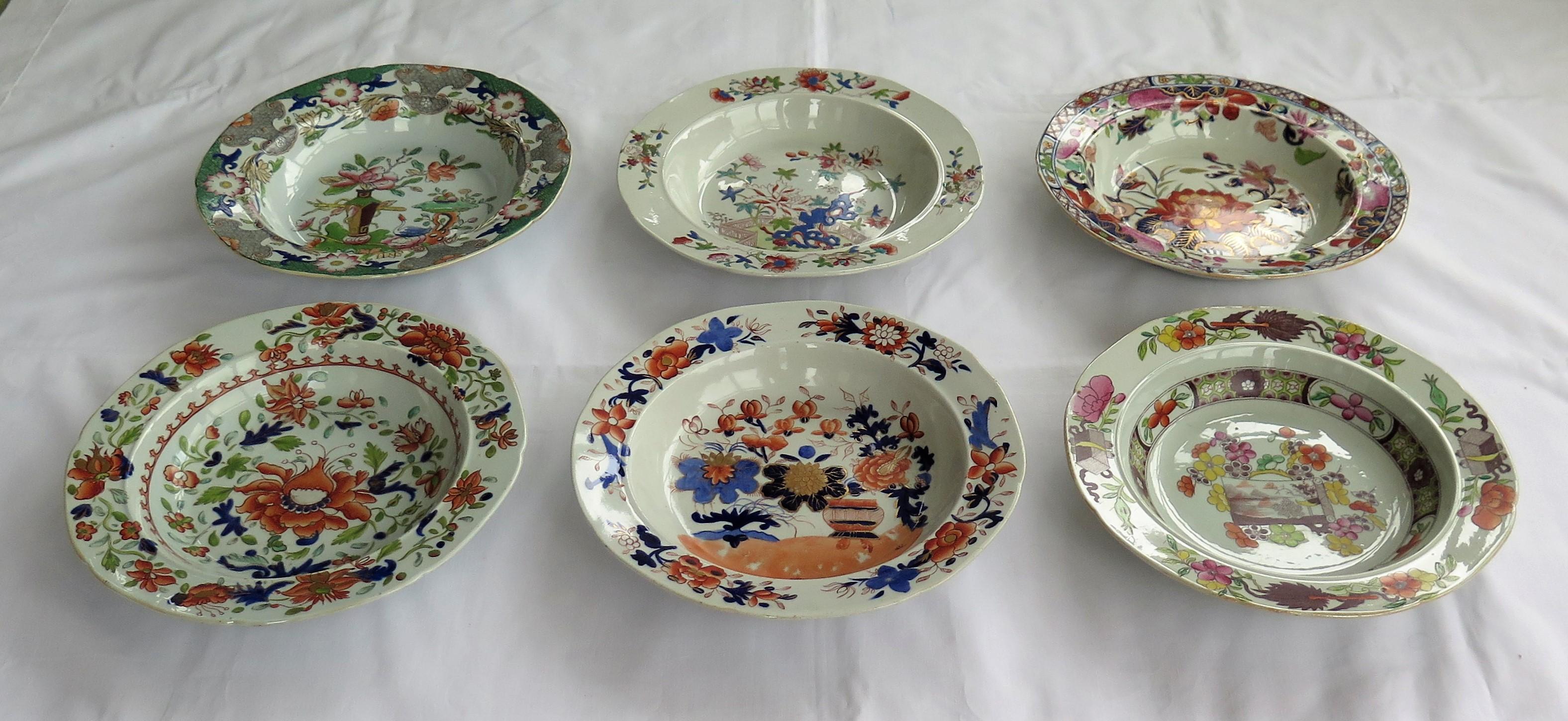 Chinoiserie Six Georgian Mason's Ironstone Soup Bowls or Plates Harlequin Set, circa 1815