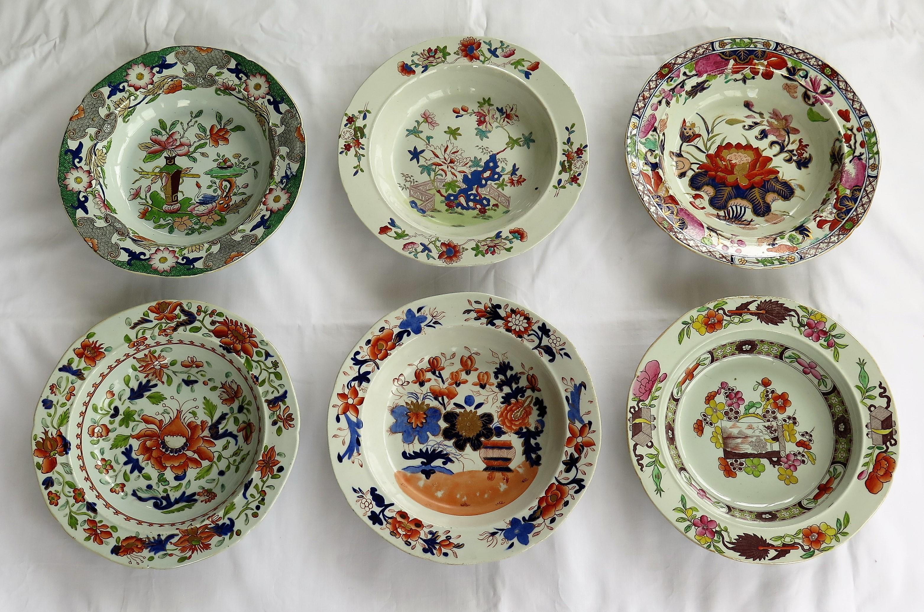 English Six Georgian Mason's Ironstone Soup Bowls or Plates Harlequin Set, circa 1815