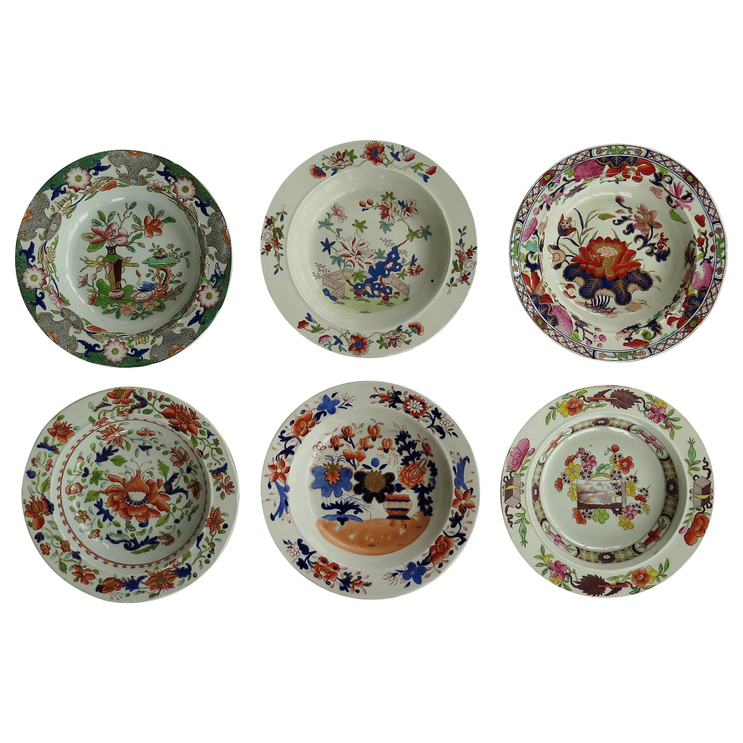 Six Georgian Mason's Ironstone Soup Bowls or Plates Harlequin Set, circa 1815