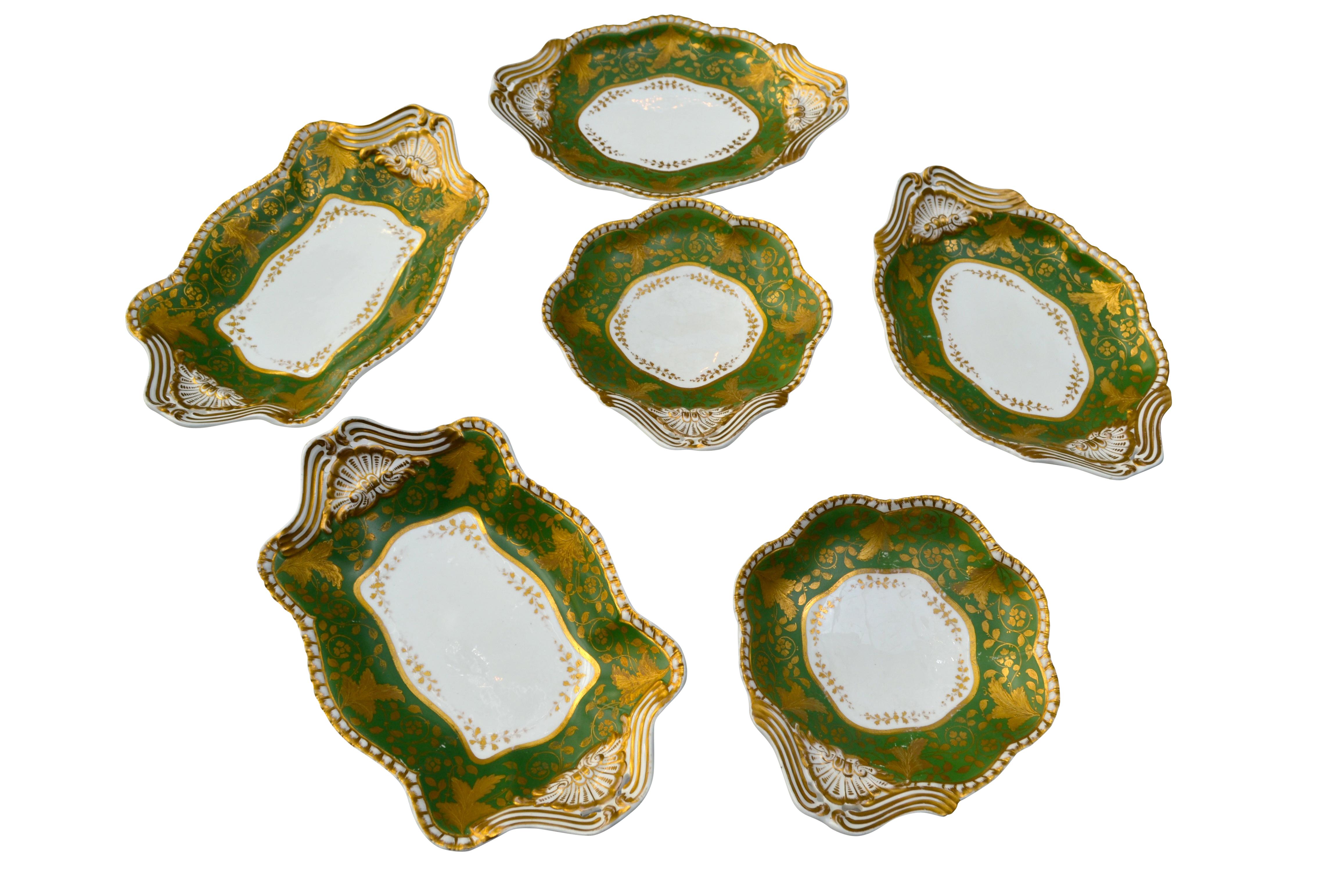 English Six Georgian Spode Felspar Porcelain Serving Dishes in White Green and Gold