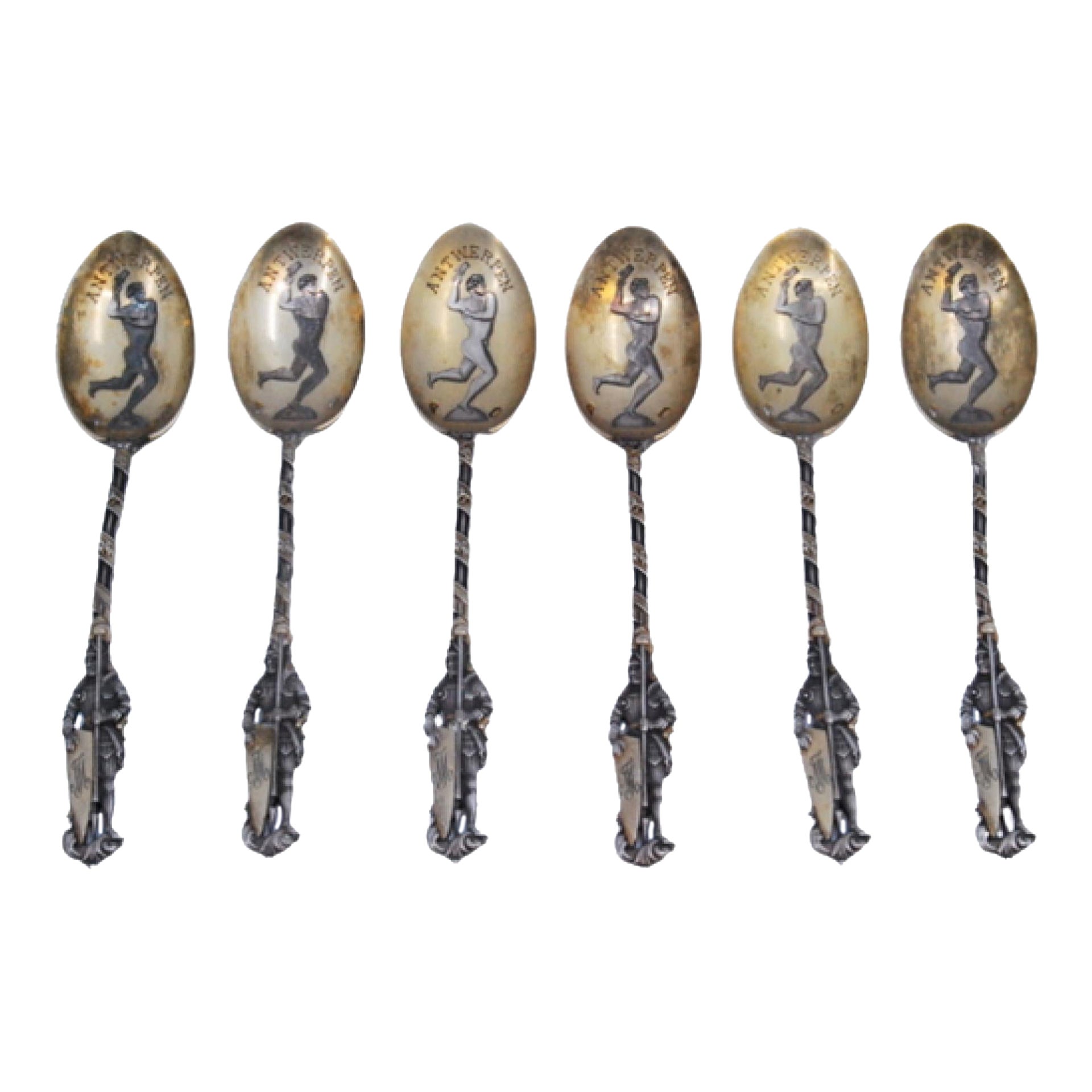Seis cucharas de recuerdo doradas con motivos de atletas olímpicos y referencia a Amberes en venta