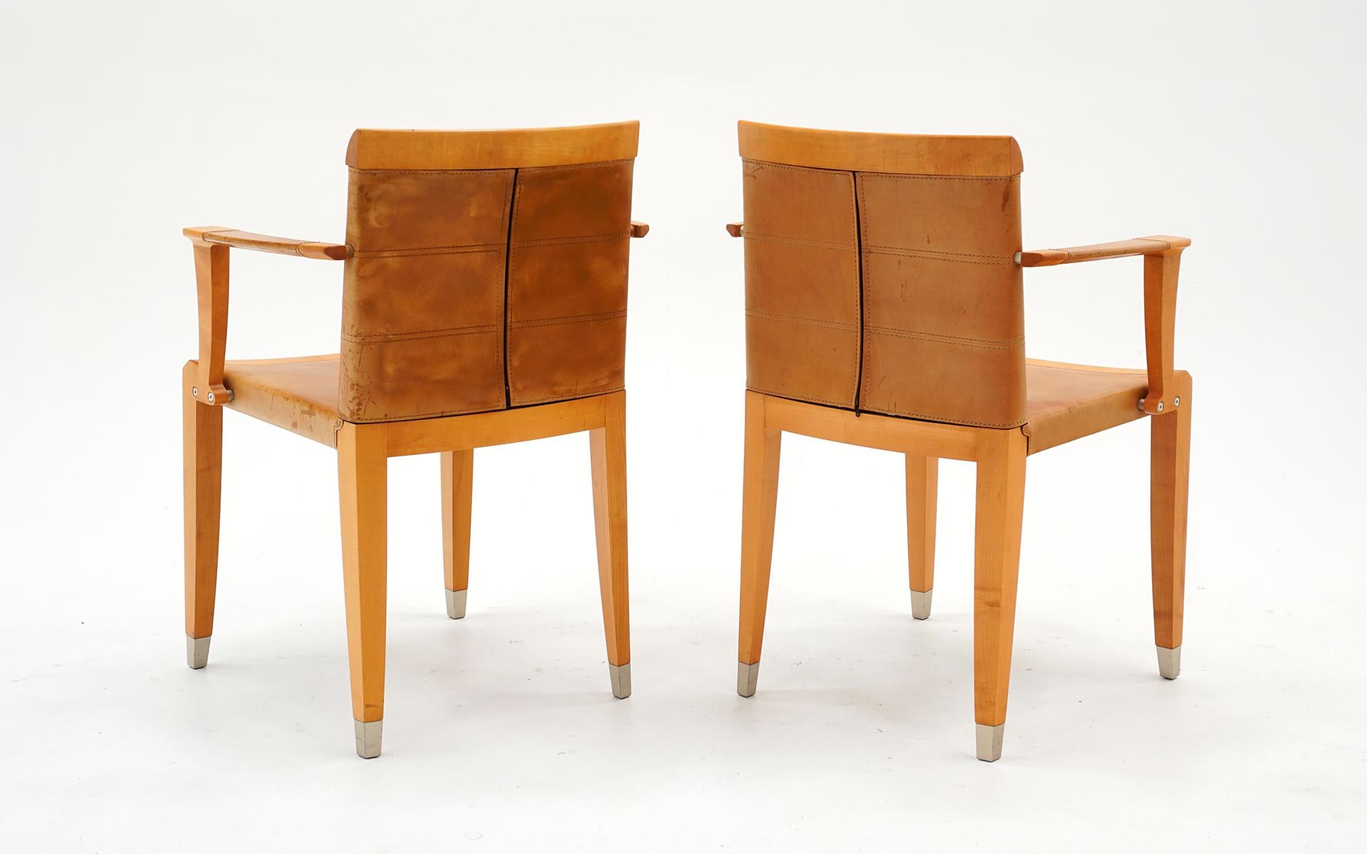 Set of 6 dining chairs by Giorgetti, Italy. Tan leather and beechwood frames. Prices to sell.

Armchair dimensions:
D 20 inches x W 23.25 inches x H 32 inches x seat height 18.25 inches.