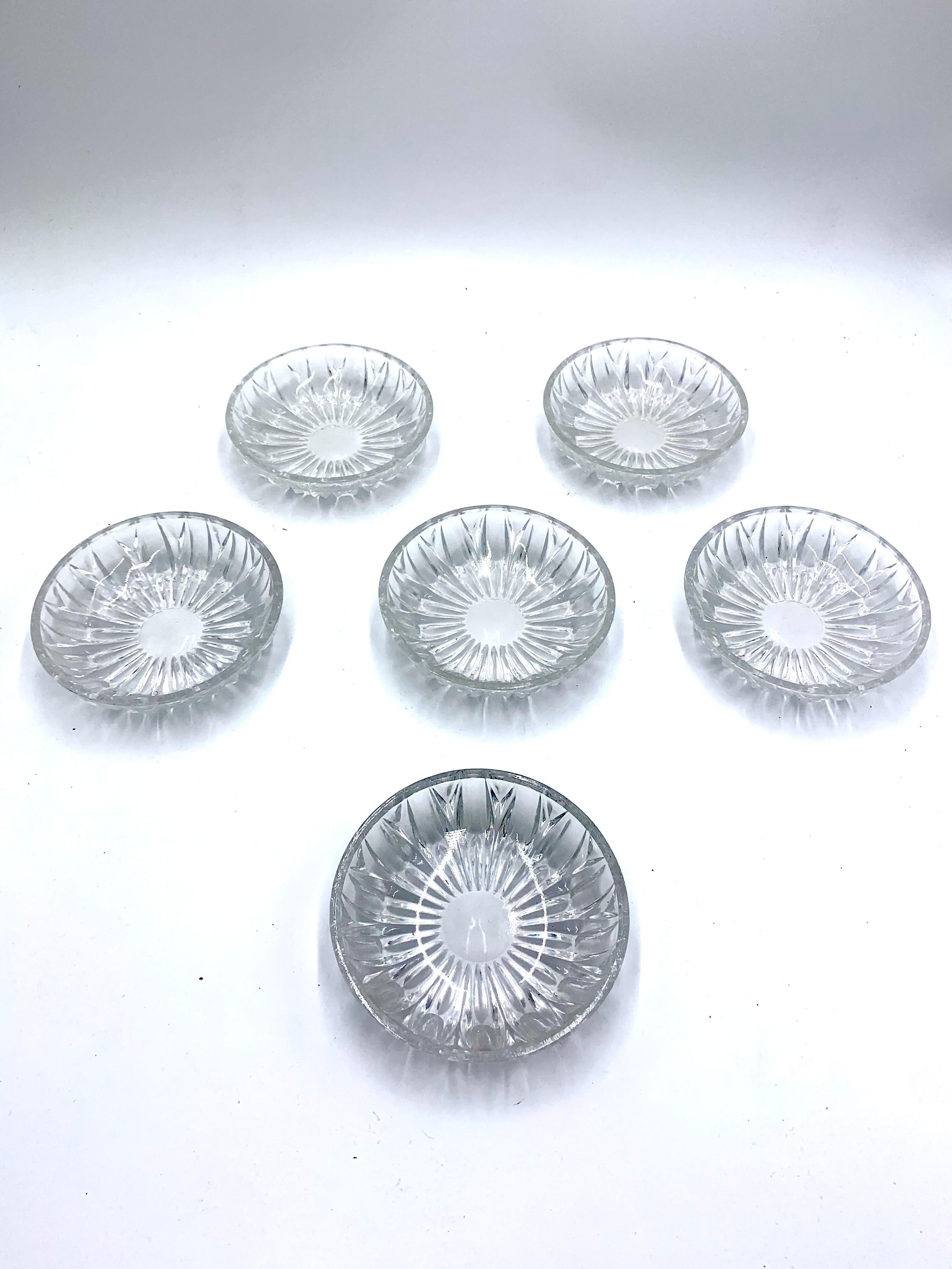 Six clear glass small coasters, made in Poland in 1960s. 
Very good condition.